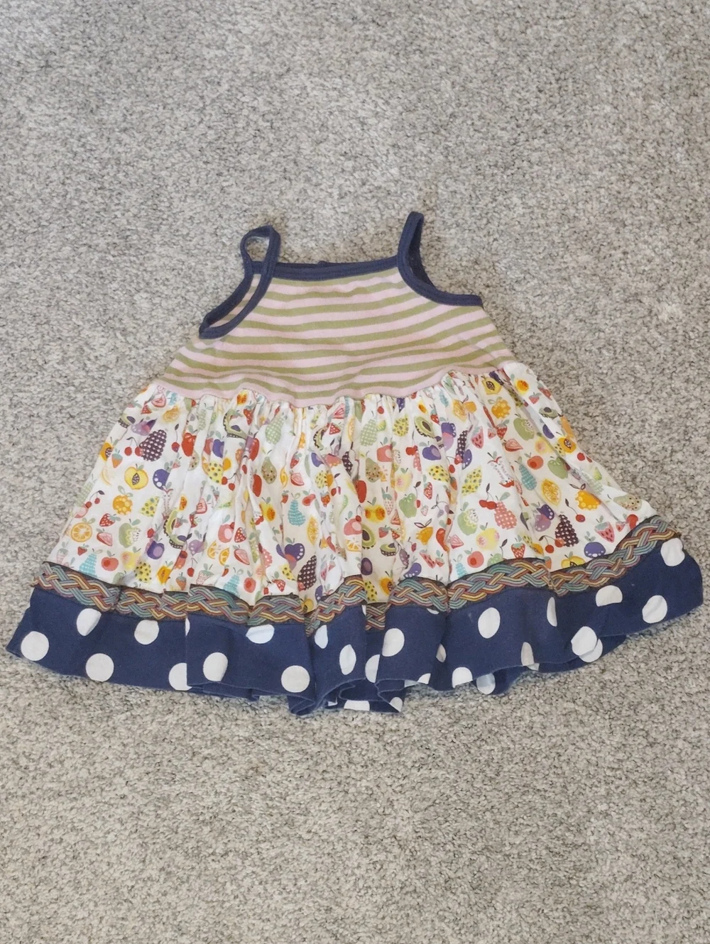 Matilda Jane Striped Bodice Fruit-Print Dress with Navy Polka Dot Hem